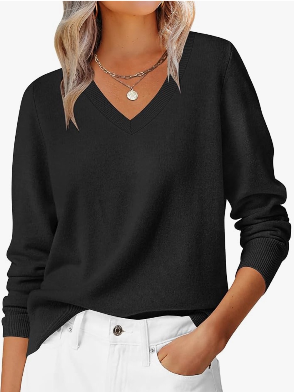 Women’s Small Black V Neck Knit Sweater Long Sleeve Ribbed Hem Minimalist